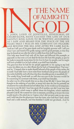 Joinville.Hist.Saint Louis,1/200,Gregynog,1937: -. Joinville (Jean, Sieur de, Seneschal de Champagne) The History of Saint Louis,translated by Joan Evans, number 19 of 200 copies, printed in Poliphilus type, initials designed by Alfred Fair