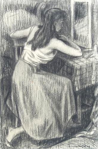 John Buckland-Wright (1897-1954) girl at dressing: John Buckland-Wright (1897-1954) girl at dressing table, 1949pencil on paper, signed and dated in black ink at lower right, with the artist's rubber stamp verso, 15 x 10 in., 38.1 x 25.4 cm.</