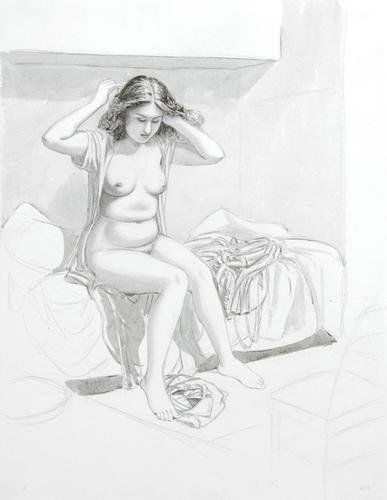 John Buckland-Wright (1897-1954) girl dressing: John Buckland-Wright (1897-1954) girl dressingpen, ink and watercolour over pencil on paper, with the artist's rubber stamp verso, 11? x 9 in., 29.2 x 22.8 cm. ***Provenance: Collection