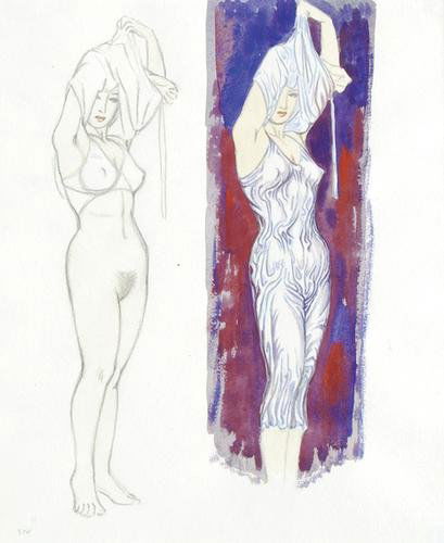 John Buckland-Wright (1897-1954) girl undressing: John Buckland-Wright (1897-1954) girl undressingpen, ink and watercolour over pencil on paper, with the artist's rubber stamp verso, 11? x 9 in., 29.2 x 22.8 cm. ***Provenance: Collectio