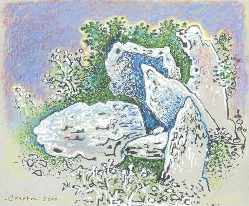 John Craxton (b.1922) study of rocks, 2000: John Craxton (b.1922) study of rocks, 2000ink and coloured chalks on card, signed craxton and dated 2000 at lower left, 8? x 9_ in., 21 x 25.5 cm. IMPORTANT