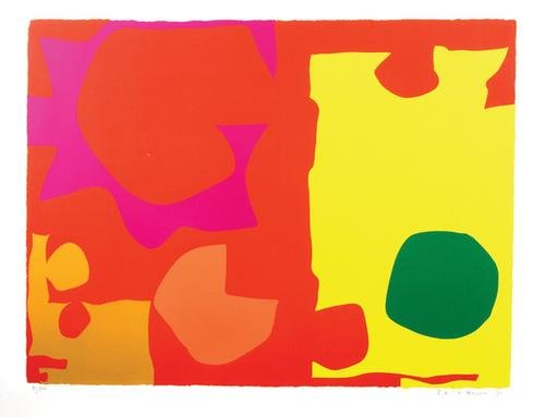 Patrick Heron six in vermillion with green: Patrick Heron (1920-1999) six in vermillion with green in yellow silkscreen printed in colours, 1970, signed and dated in pencil, numbered 37/100, on wove paper, with full margins, in good con