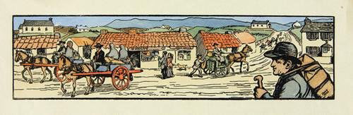 Yeats (Jack B.)Mountain Farm/Village,2 h'col.prin: Yeats (Jack Butler) The Mountain Farm; The Village,hand-coloured woodblock prints, signed in images, c.90 x 340mm., Dublin, Cuala Press, n.d.(2)