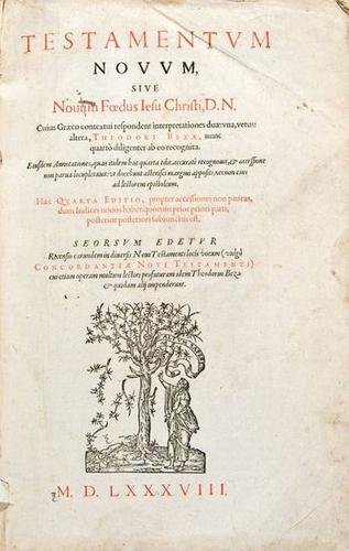 Bible, Greek & Latin. Testamentum novum: Bible, Greek & Latin. Testamentum novum,edited by Theodorus Beza, title in red and black with printer's woodcut device, water-stained throughout, errata leaf not mentioned by D & M at end, Est