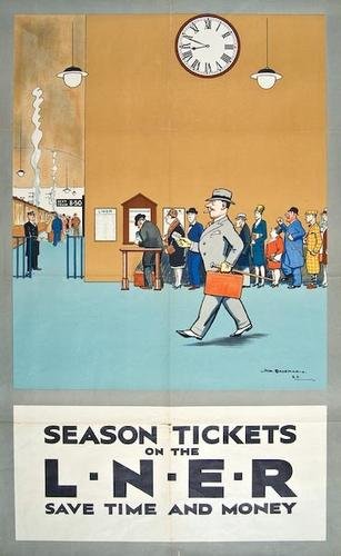 BATEMAN, H. M., Season Tickets on the LNER: BATEMAN, Henry Mayo (1887-1970) Season Tickets on the LNER lithograph in colours, 1928, condition B, printed by Adams, Bross & Shardlow, Ltd., London. 30 1/2 x 25 in (76 x 64 cm).