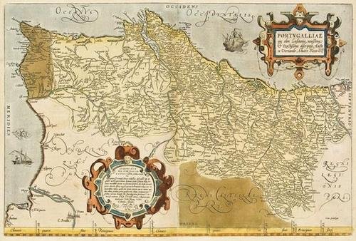Ortelius (A.) Portugalliae que olim Lusitania: Ortelius (Abraham) Portugalliae que olim Lusitania, novissima & exactissima descriptio,Portugal after Alvares Secco, north oriented to the right, strapwork cartouches upper right and lower lef