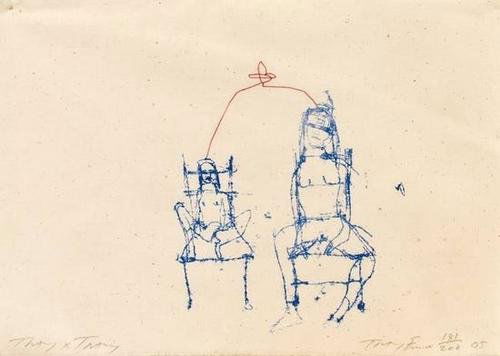 Tracey Emin (b.1963) tracey x tracey: Tracey Emin (b.1963) tracey x tracey silkscreen with hand stitched line, 2005, signed, titled and dated in pencil, numbered 181/200, on cotton, the full sheet 280 x 380mm.