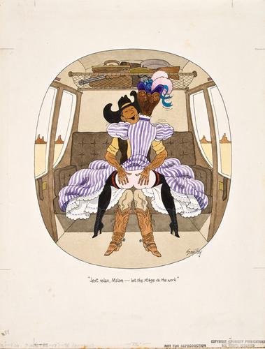 Original Smilby cartoon artwork for Playboy: Smilby [Wilford-Smith] (Francis) Just relax, Ma'am - let the stage do the work,cartoon artwork for Playboy, August 1985, a well-dressed lady in feathered hat straddles a cowboy in a stagecoach