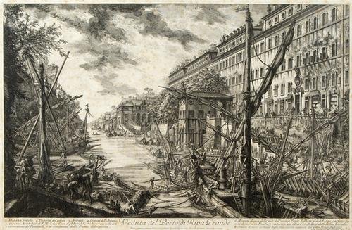 Piranesi (G.B.) Porto di Ripa Grande: Piranesi (Giovanni Battista) Veduta del Porto di Ripa Grande,from Vedute di Roma, 3rd state after the removal of the barge in the centre of the plate, etching with engraving, 405 x 615mm., sli