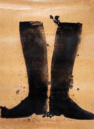 Jim Dine (b.1935) silhouette black boots on brown: Dine (Jim) Silhouette Black Boots on Brown paperlithograph, sheet 760 x 550mm., on brown laid paper, an unsigned printer's proof, the full sheet, in good condition apart from handling creases