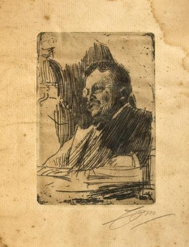 Zorn (Anders) Theodore Roosevelt: Zorn (Anders) Theodore Roosevelt,presentation copy, etching, 125 x 85mm., signed in pencil, lower right, inscribed on verso of original backboard 'This portrait of President Theodore Roosevelt