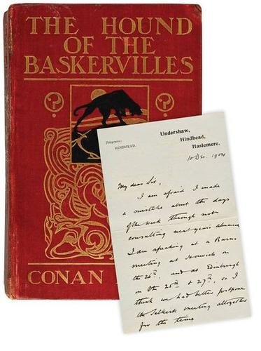 Doyle (Arthur Conan) Hound of Baskervilles: Doyle (Sir Arthur Conan) The Hound of the Baskervilles,first edition, autograph letter from the author in original envelope tipped onto front pastedown, 16 plates by Sidney Paget, small closed