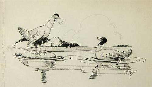 Sarg (Tony) The Duck can Swim: Sarg (Tony) "The Duck can Swim",original drawing, pencil & ink, 338 x 453mm, signed lower right, window-mounted, n.p., [c.1939].