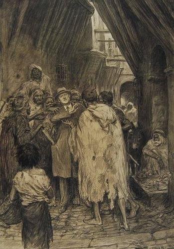 Simont (Mark) Man Being Pick Pocketed in a middle: Simont (Mark) "Man Being Pick Pocketed",original charcoal drawing from Booth Tarkington's The Plutocrat, signed and dated, image approx. 440 x 300mm., n.p., 1927.
