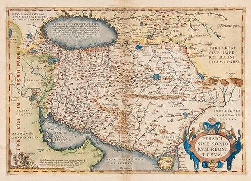 Ortelius (Abraham) Persia: Ortelius (Abraham) Persici sivi Sophorum Regni Typus,Persia from the Caspian Sea to the Red Sea, strapwork title cartouche, lower right, engraved map with full hand-colouring, 350 x 495mm., La