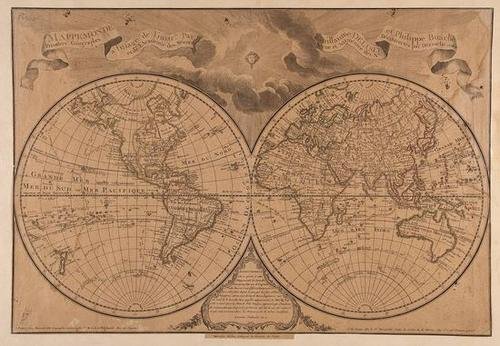 De l'Isle & Buache. Mappemonde: De l'Isle (Guillaume) and Phillipe Buache. Mappemonde, a l'usage de l'instr.on,double-hemisphere world map, with title banderole above, and Avertissement cartouche lower centre, engraved map,