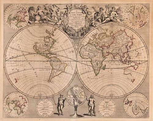 Senex (John) A New Map of the World: Senex (John) A New Map of the World, From the Latest observations,double-hemisphere world map, with 4 smaller circular projections in the corners, title cartouche with allegorical figures uppe