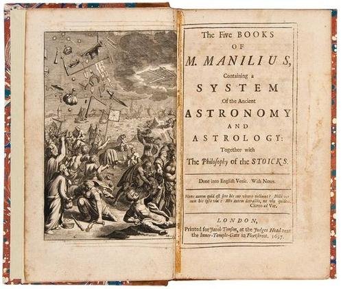 Manilius Astronomy and Astrology1697: Manilius (Marcus) The Five Books...Containing a System of the ancient Astronomy and Astrology,first edition in English, half-title, engraved frontispiece and 5 plates, errata f. at end, tape m