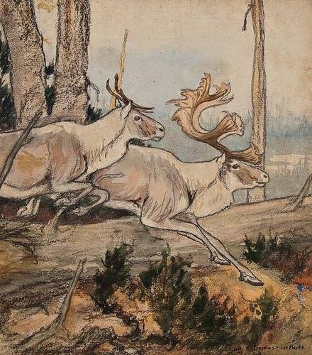 Bull (Charles Livingston) Two Running Moose: Bull (Charles Livingston) Two Running Mooseoriginal drawing, pencil and watercolour, 250 x 220mm, signed lower right, mounted, n.d.