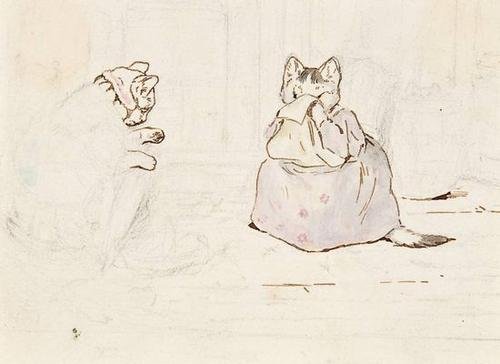 Potter (Beatrix) Tabitha Twitchit & Mrs Ribby: Potter (Beatrix) Tabitha Twitchit and Mrs Ribby,preparatory sketch for an illustration to The Tale of Samuel Whiskers, pencil, pen and ink, with watercolour, 130 x 150mm., mounted on conservat