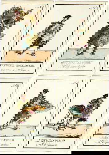Cris de St.Petersbourg. Collection de petits des: Beggrov (Karl Petrovich) Cris de St.Petersbourg. Collection de petits dessins a lÕusage de la jeunesse, the set of 24 hand-coloured lithograph cards heightened with gum arabic, each depicting tra