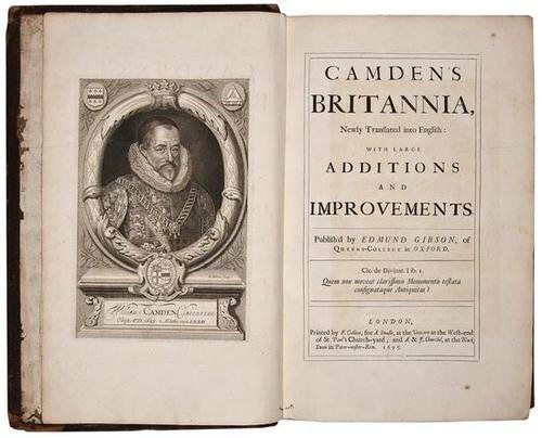 Camden (William) Britannia,1695: Camden (William) Britannia,first edition of Gibson's translation, large paper copy, engraved portrait frontispiece, 8 plates of coins and 50 double-page and/or folding maps, most by Robert Mor