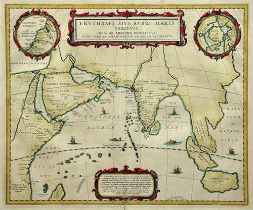 Jansson (Jan) Erythraei Sive Rubri Maris: Jansson (Jan) Erythraei Sive Rubri Maris,classical map of southern Asia, after Ortelius, with 2 inset circular maps of northwest Africa and the north pole, in upper corners, engraved map with