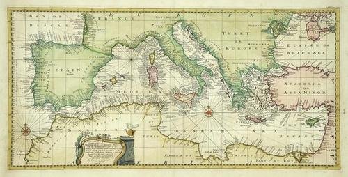 Bowen (Emanuel). Mediterranean: Bowen (Emanuel) An Accurate Chart of the Mediterranean and Adriatic Seas with the Archipelago and Part of the Black Sea,rhum lines and compass roses, hand-coloured engraved map, 290 x 585mm.,