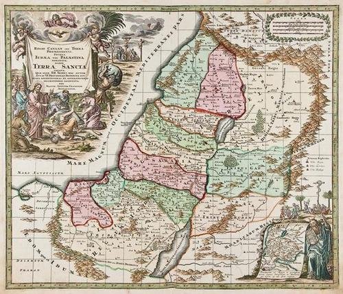 Seutter. Regio Canaan seu Terra Promissionis: Seutter (Matthaeus) Regio Canaan seu Terra Promissionis Postea Iudæa vel Palæstina nominata,large title vignette of Christ driving out evil spirits, upper left, inset map of the Exodus, with M