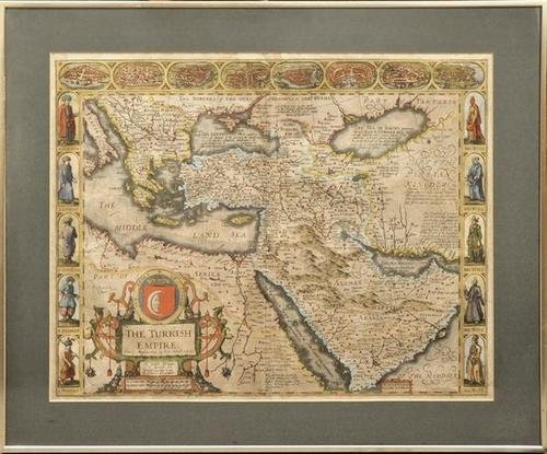 Speed (John) The Turkish Empire: Speed (John) The Turkish Empire,from Italy to Saudi Arabia, with decorative title cartouche lower left, city plans and views above and costume figures to the sides, engraved map with hand-colo
