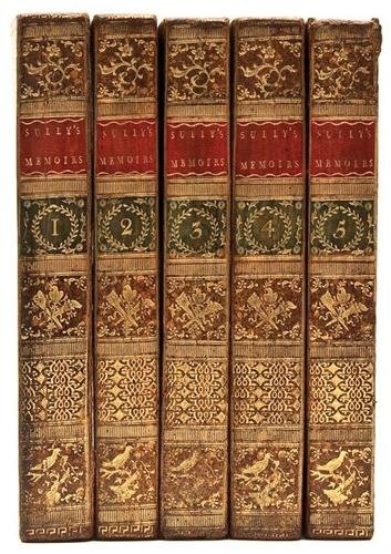 Sully.Memoirs,5v,cont.calf,gilt,1778: Sully (Maximilien de Bethune, Duc de) Memoirs,5 vol., engraved portrait frontispieces in vol 1 & 2, folding engraved map (slightly creased), contemporary ink signature of Barbra Harland at