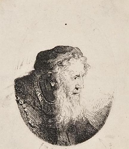Ferdinand Bol (1660-1680) Beard: Ferdinand Bol (1660-1680)Bearded old man, profile to rightEtching, [Hollstein 17]8 x 7 cm (3 x 3 in) With a copy etching after Rembrandt, Hay-Barn