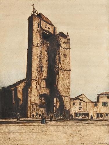 Adrian Keith Graham Hill Le Beffroi, S: Adrian Keith Graham Hill Le Beffroi, Souillac, Lot, Pen and black ink, with watercolour 41.5 x 31.5 cm (16 x 12½ in) 1923