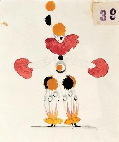 Aumond (Jean) Four fine costume designs: Aumond (Jean) Four fine pencil and watercolour costume designs, two for female clowns with ruffs, pom poms, and pointed hats, the others of young women, one in loose blue shirt, white trousers