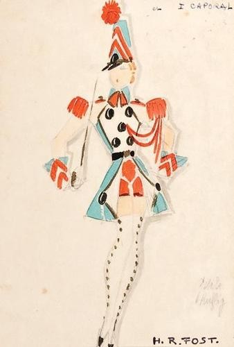 Fost (H.R.) Five pencil and watercolour costume de: Fost (H.R.) Five pencil and watercolour costume designs,all full-length figures of girls in various decorative outfits, signed, captioned "Gros-Père", "Jacques Nombril", "I Caporal", "Catouill