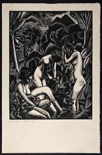 John Buckland-Wright (1897-1954), Baigneuses Balin: John Buckland-Wright (1897-1954), Baigneuses Balinaises (Bali Women Bathing) (bw L60) wood engraving, 1931, titled and dated in pencil, numbered 3/30, only 23 impressions printed, with the st
