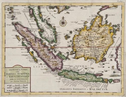 FASIA Tirion (Isaak) Nuova Carta delle Isole di Su: FASIA Tirion (Isaak) Nuova Carta delle Isole di Sunda come Borneo Sumatra e Iava Grande &c.the Malaysian peninsula, Borneo, Java and Sumatra, with compass rose, engraved map with hand-colo