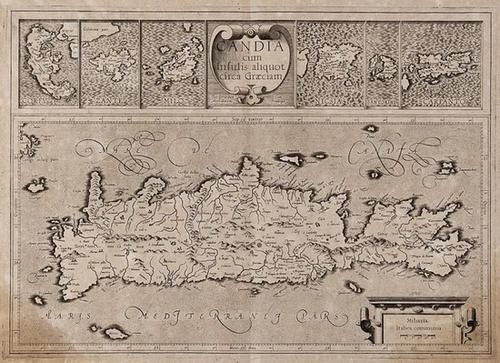 Mercator (Gerard) Candia cum Insulis aliquot circa: Mercator (Gerard) Candia cum Insulis aliquot circa Græciam,Crete and neighboring Greek Islands, with inset maps of Corfu, Zante, Milo, Nicsia, Santorini and Scarpanto, title cartouche, u