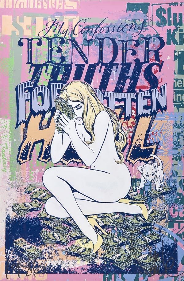 Faile (American) My Confessions, 2009, acrylic and: Faile (American) My Confessions, 2009, acrylic and silkscreen ink on paper, This work is unique, Signed lower, 96.5cm x 63cm (38in x 24 3/4in) Provenance: Acquired by the owner from the artis