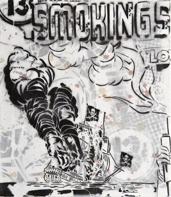 Faile (American) Smokings, 2005, Spray paint, sten: Faile (American) Smokings, 2005, Spray paint, stencil and acrylic on canvas, This work is unique, Unsigned, 59cm x 51cm (23 1/4in x 201/16in) Provenance: Faile solo show, Andenken Gallery, De