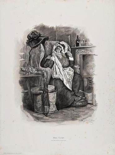 After Fred Barnard Set of 6 Characters from Dicken: After Fred Barnard Set of 6 Characters from Dickens,Sidney Carton, Little Dorrit, Mrs Gamp, Alfred Jingle, Mr Pickwick, and Bill Sikes, lithographs by J. Robertson, each sheet c.685 x 510mm.,