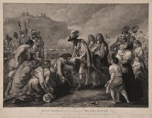 After Benjamin West King Charles the 2nd landing o: After Benjamin West King Charles the 2nd landing on the Beach at Dover,with a small mixed group of others, including An Indian Cacique of the Island of Cuba addressing Columbus, mixed-method e