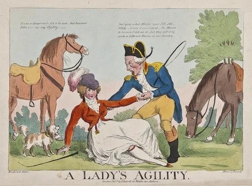 George Moutard Woodward A Lady's Agility: George Moutard Woodward A Lady's Agility,original hand-coloured etching, 250 x 350mm., minor creasing, slight marginal surface dirt, [BM Satires 10193], P. Roberts, c.1803; with 2 caricatures