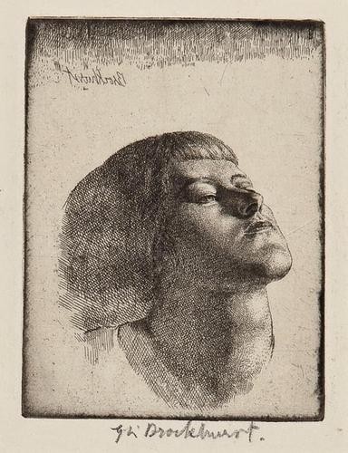 Gerald Leslie Brockhurst Head of a Girl: Gerald Leslie Brockhurst Head of a Girl,etching, 100 x 75mm., final state of 2, signed in reverse in plate, upper left, signed in pencil, lower right, minor surface dust, hinged into mount, [1