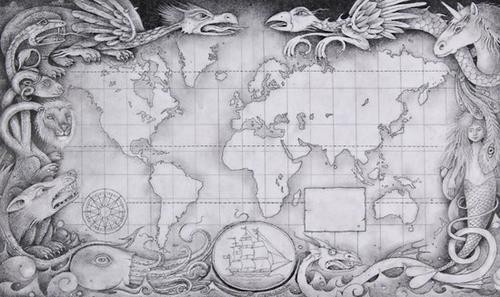 Anderson (Wayne) Monsterology Map: Anderson (Wayne) Monsterology Map,a large pencil drawing of a map of the world with a border composed of dragons, a mermaid, a giant squid, and other animals, signed and dated 2007, in card mo