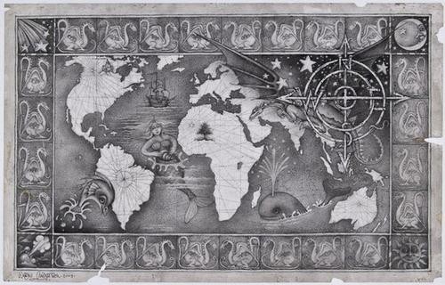 Anderson (Wayne) Dragon Map: Anderson (Wayne) Dragon Map,pencil drawing of a dragon flying over a map of the world, with a mermaid, whale, large fish and sailing ship in the ocean areas, the map within a repeated dragon b