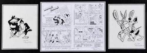 Augustson (Cliff) Heckle and Jeckle" and " Bugs Bu: Augustson (Cliff) Heckle and Jeckle" and " Bugs Bunny and Daffy Duck"2 original drawings for a comic (?), mounted and framed on either side of the printed work, inscribed and signed by the art
