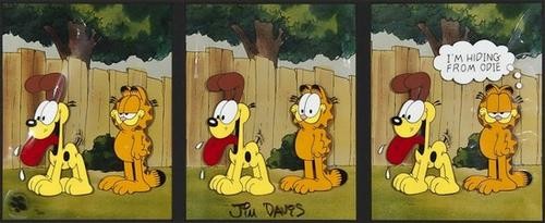 Davis (Jim) "I'm Hiding From Odie": Davis (Jim) "I'm Hiding From Odie",number 21 of 200 hand-painted limited edition cells in 3 parts of Gafield the cat standing behind Odie, signed in ink by the artist, image 220 x 590mm. n.p.