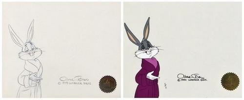 Jones (Chuck) Bugs Bunny: Jones (Chuck) Bugs Bunny,numbered 1 of 1, original pencil sketch and hand painted cell of Bugs Bunny, both signed by the artist, certificate of authentication, 2 images each measuring 215 x 25