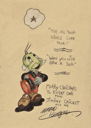 Kimball (Ward) Jiminy Cricket: Kimball (Ward) Jiminy Cricketoriginal pencil crayon drawing with Christmas greeting and signed by the artist, card slightly creased down one side not affecting image, image 250 x 175mm., n.d.,